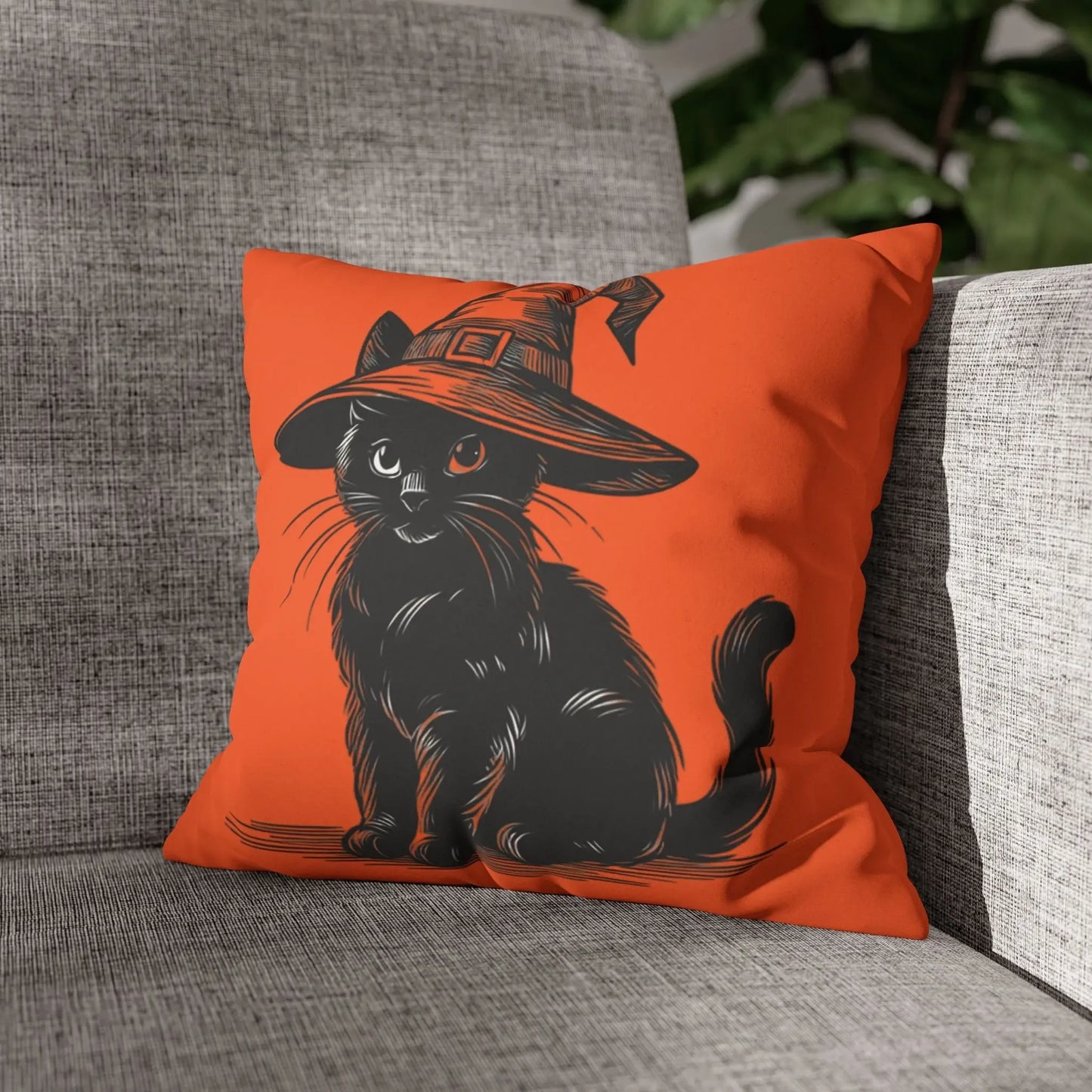 Halloween Cat Pillowcase, Cozy Throw, Cat Lover Gift, Autumn Decor, Witch Hat Cushion Cover, Home Accessories, Square Pillow, Faux Suede - FloofChonk