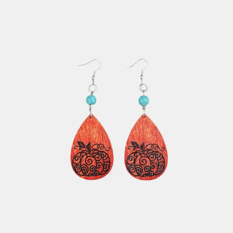 Turquoise Wooden Pumpkin Teardrop Earrings - FloofChonk