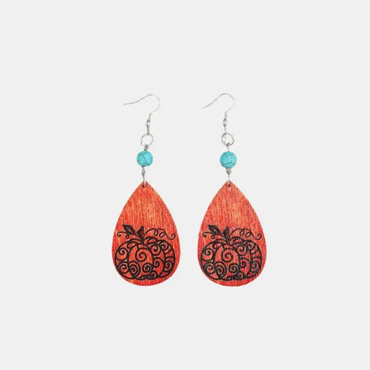 Turquoise Wooden Pumpkin Teardrop Earrings - FloofChonk