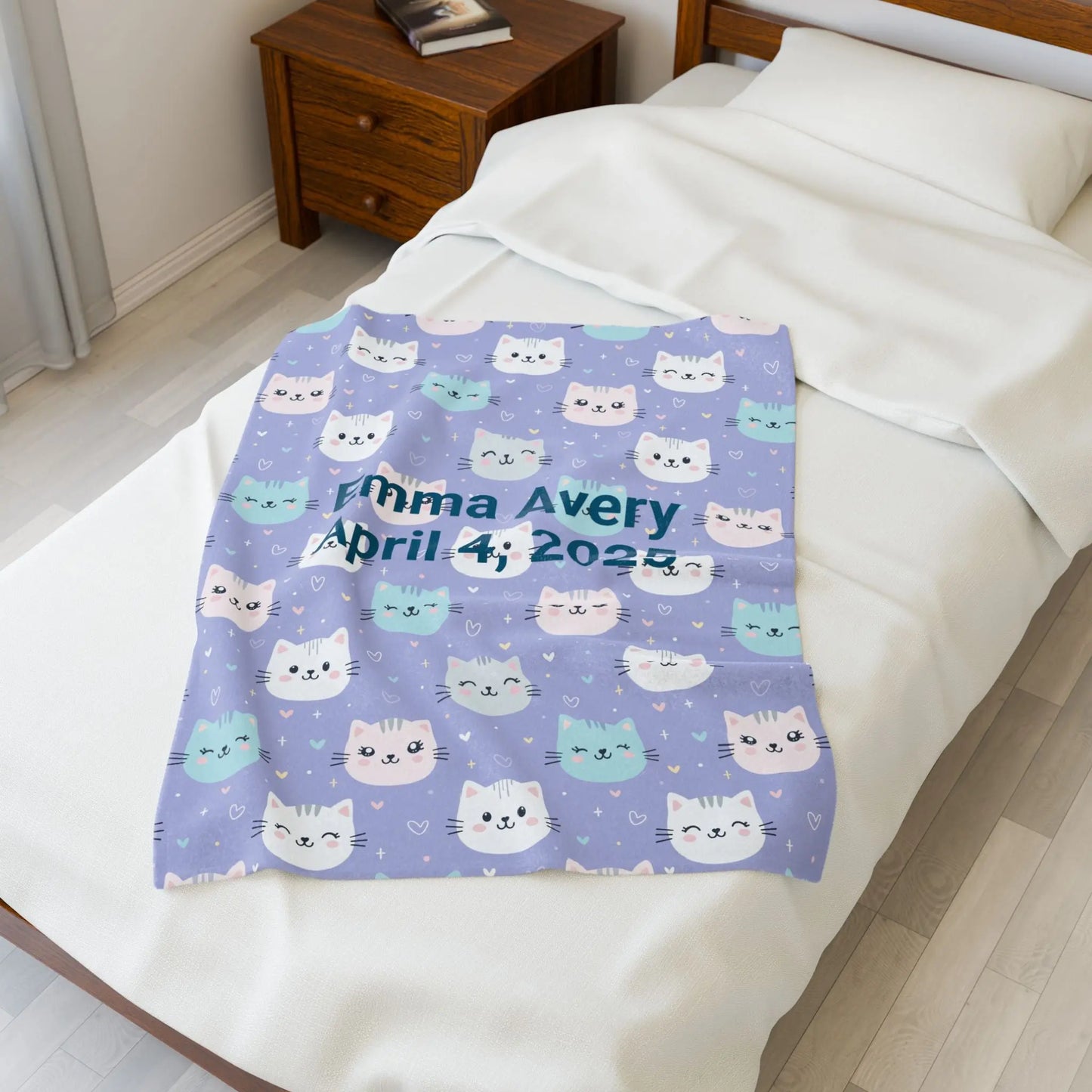 Personalized Cat Velveteen Blanket, Cozy Baby Shower Gift, Nursery Decor, Cat Lover's Plush Throw, Custom Cat Pattern Bedding Printify