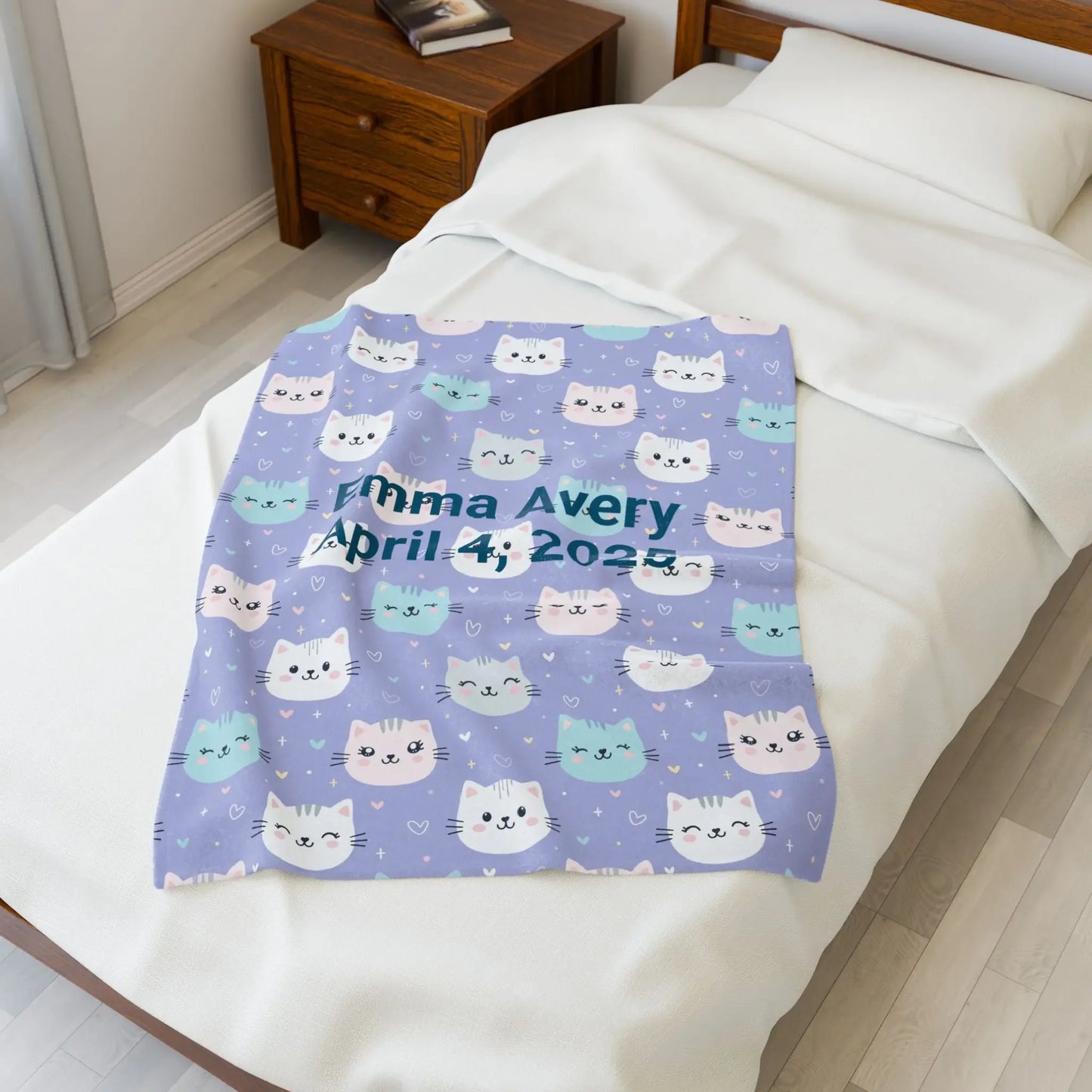 Personalized Cat Velveteen Blanket, Cozy Baby Shower Gift, Nursery Decor, Cat Lover's Plush Throw, Custom Cat Pattern Bedding - FloofChonk