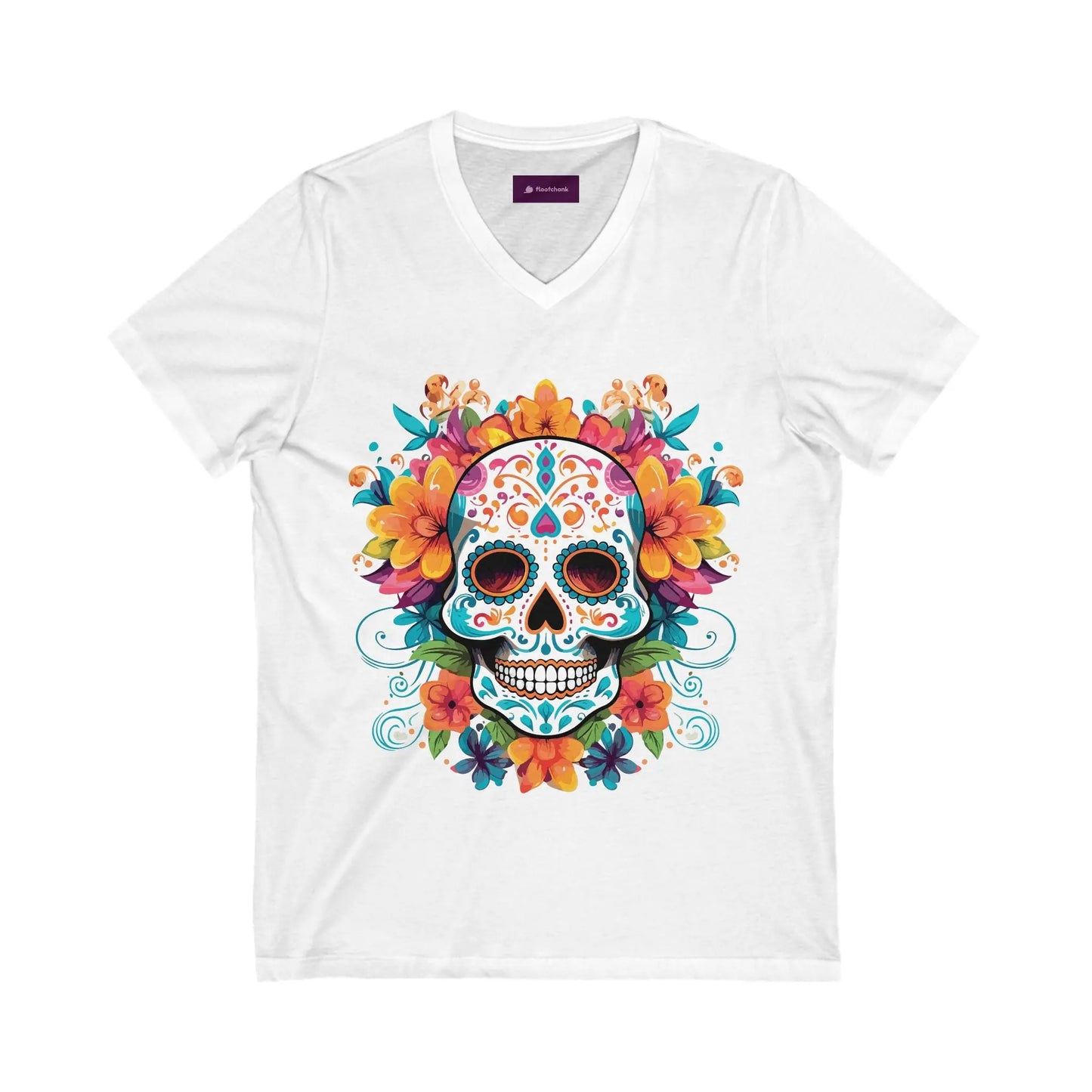 Floral Sugar Skull V-Neck Tee - Day of the Dead Shirt Printify