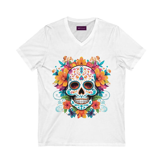 Floral Sugar Skull V-Neck Tee - Day of the Dead Shirt Printify