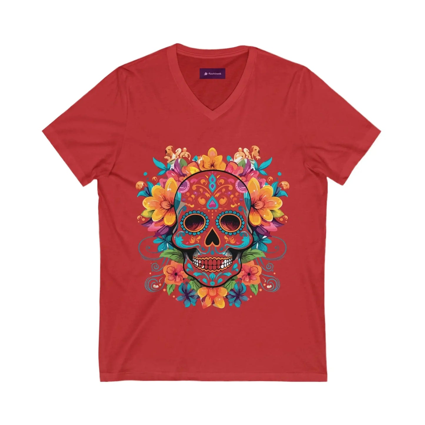 Floral Sugar Skull V-Neck Tee - Day of the Dead Shirt Printify