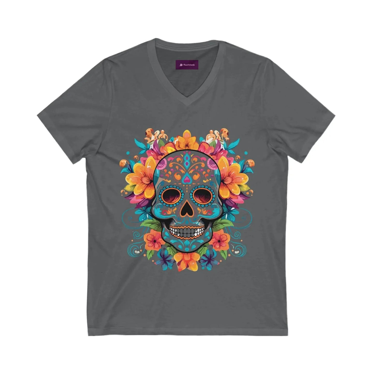 Floral Sugar Skull V-Neck Tee - Day of the Dead Shirt Printify