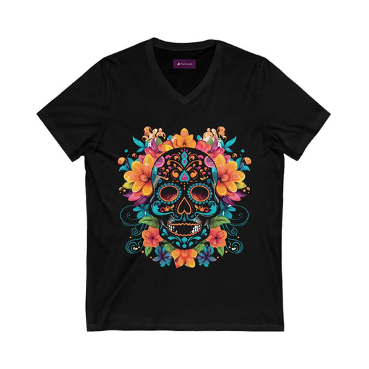 Floral Sugar Skull V-Neck Tee - Day of the Dead Shirt Printify