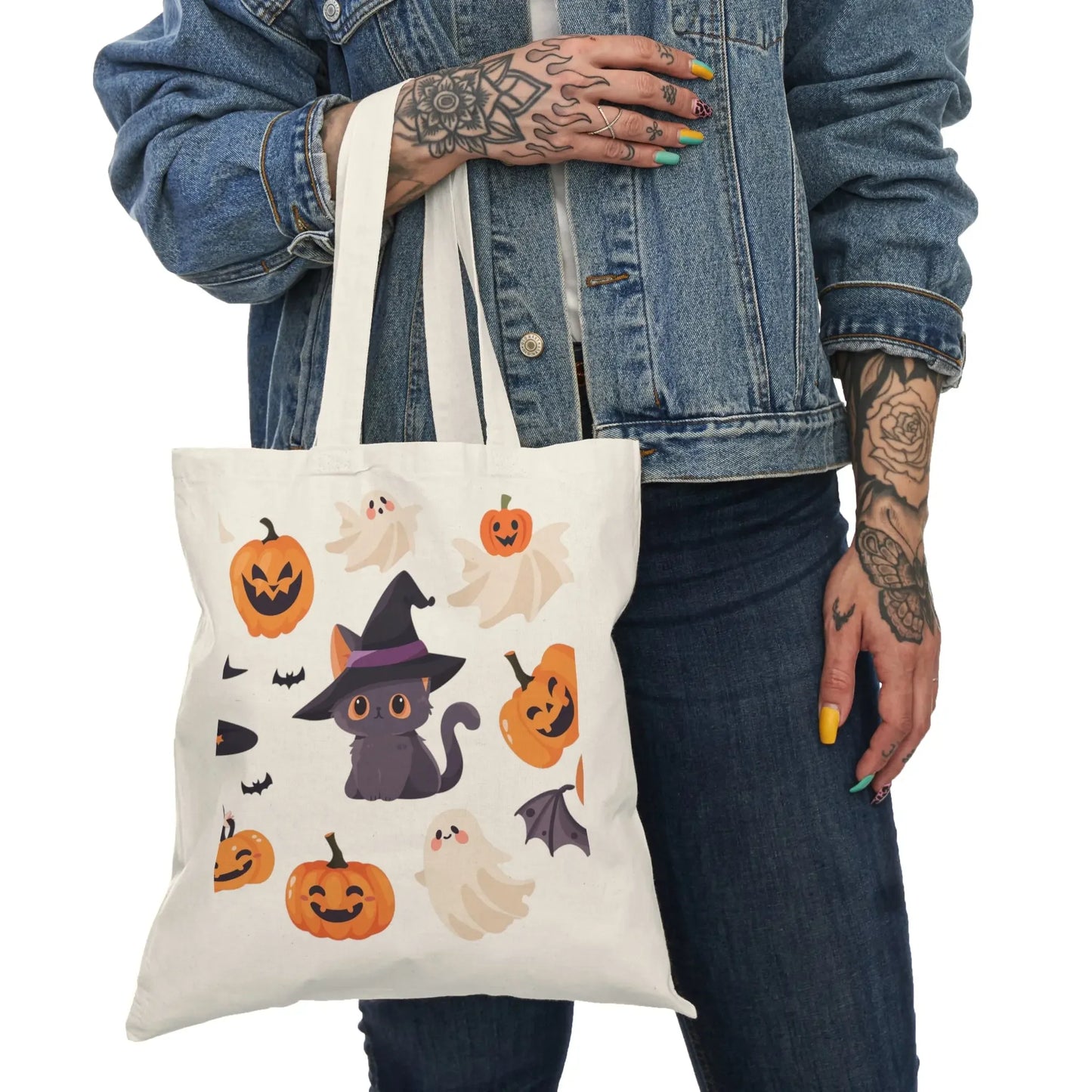 Halloween Tote Bag, Personalized Trick or Treat Bag, Cat & Pumpkin Design, Eco-Friendly Shopping Bag, Cute Halloween Gift - FloofChonk