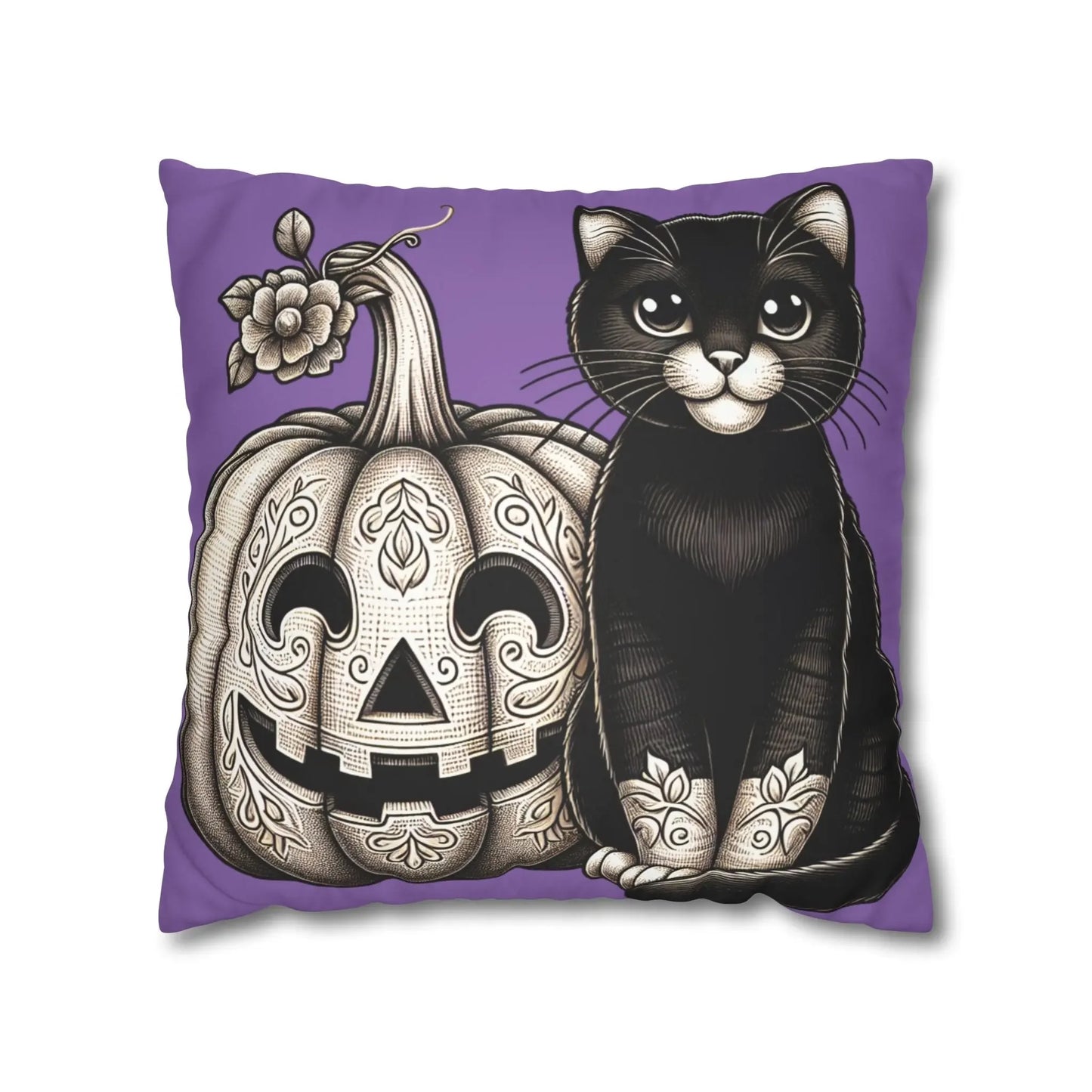 Black Cat and Pumpkin Square Pillowcase, Faux Suede Halloween Pillow Cover, Multiple Sizes, Spooky Home Decor, Cat Lover Gift - FloofChonk
