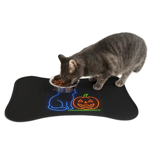 Halloween Cat & Pumpkin Pet Feeding Mat, Festive Pet Food Tray, Dog Bowl Mat, Cat Feeding Station, Holiday Pet Decor - FloofChonk