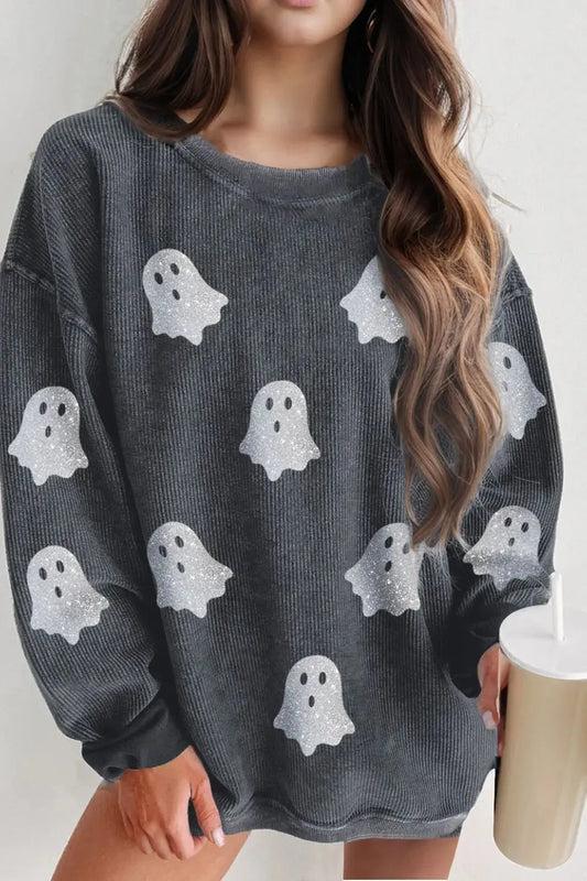 Glitter Ghost Round Neck Long Sleeve Sweatshirt - FloofChonk