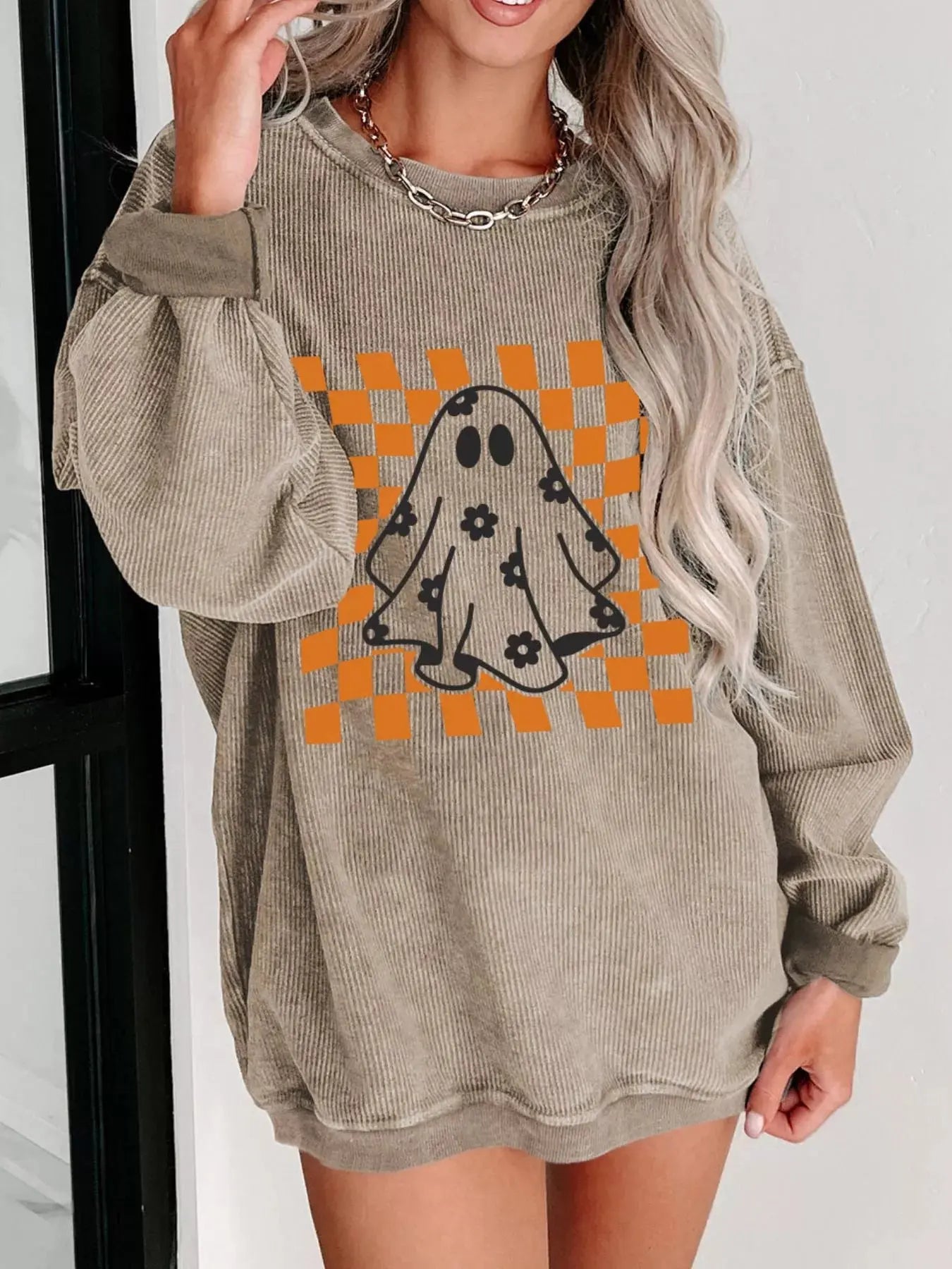 Halloween Checkerboard Floral Ghost Graphic Corded Sweatshirt - FloofChonk