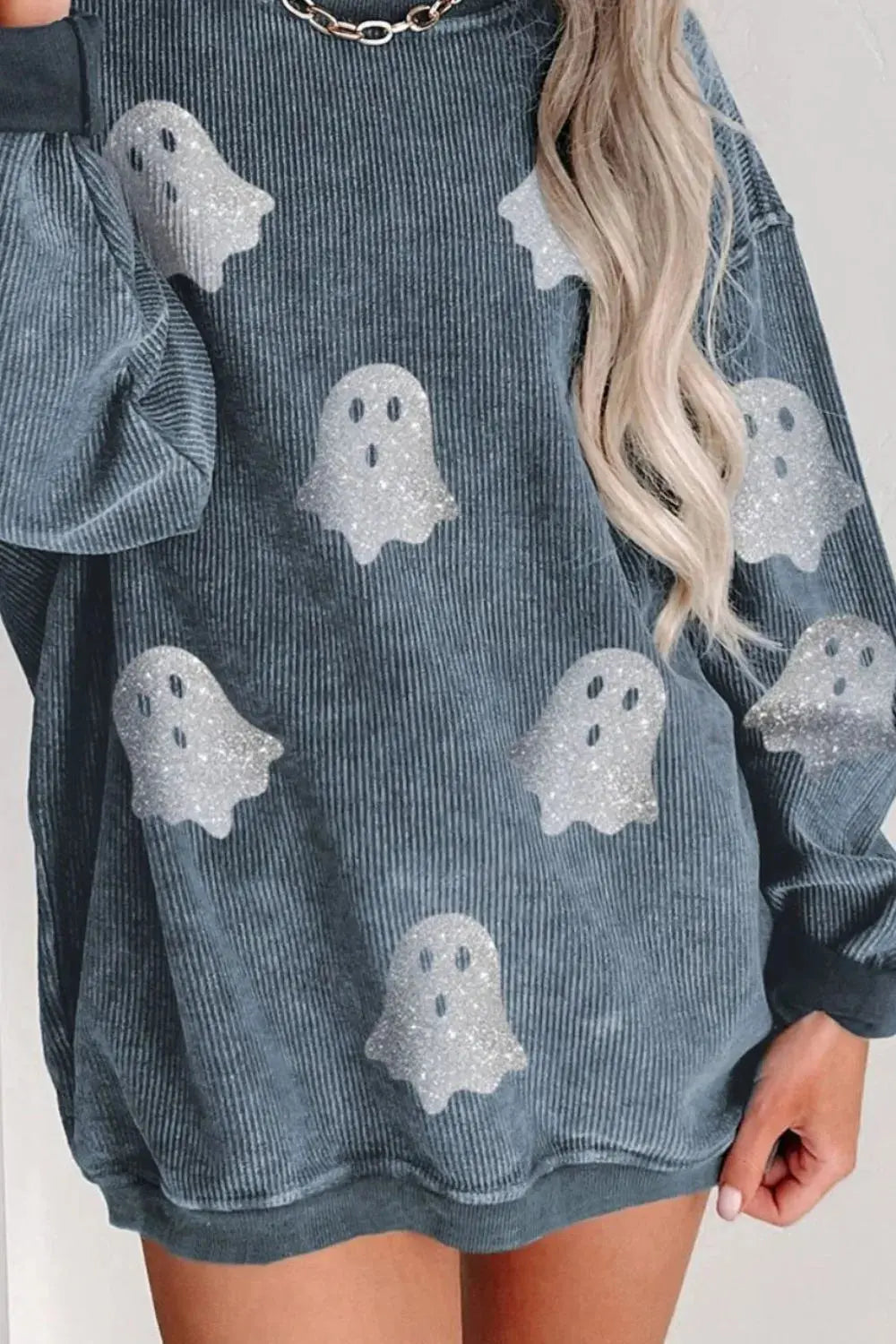 Glitter Ghost Round Neck Long Sleeve Sweatshirt - FloofChonk
