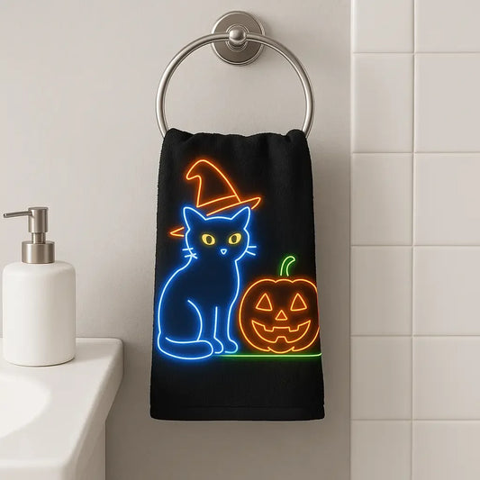 Neon Halloween Cat Hand Towel, Halloween Kitchen Decor, Cat Lover Gift, Spooky Home Towel, Pumpkin Design, Halloween Dish Towel, Halloween - FloofChonk