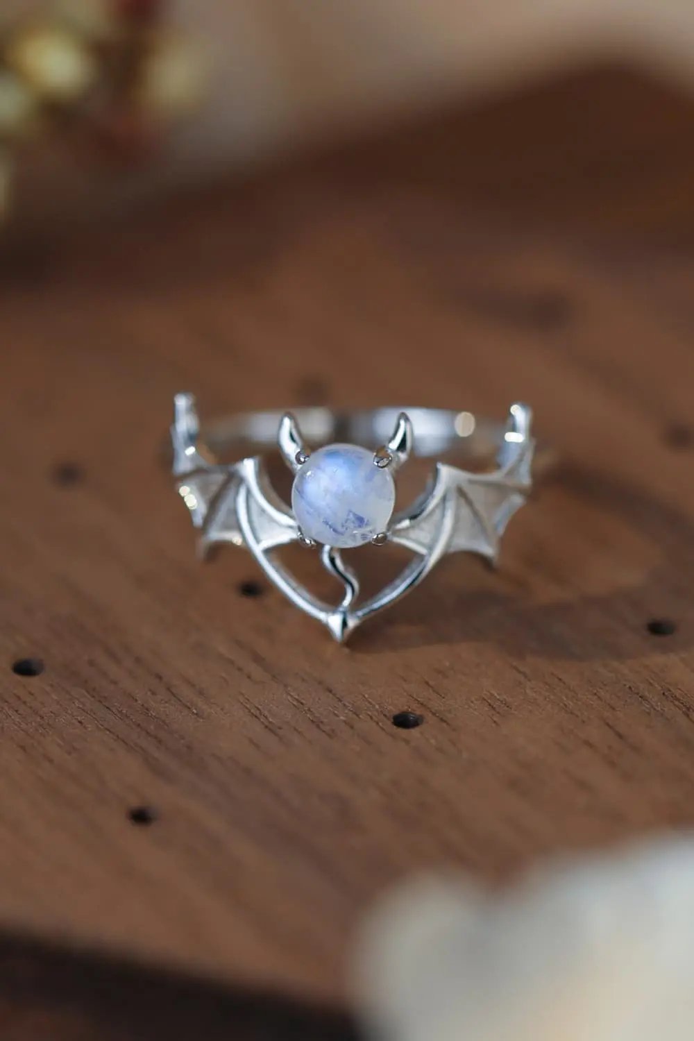 Moonstone Bat 925 Sterling Silver Ring - FloofChonk