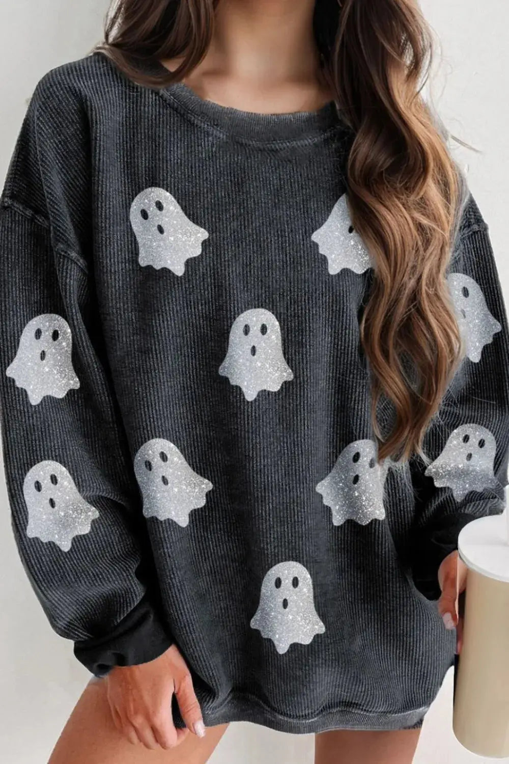 Glitter Ghost Round Neck Long Sleeve Sweatshirt - FloofChonk