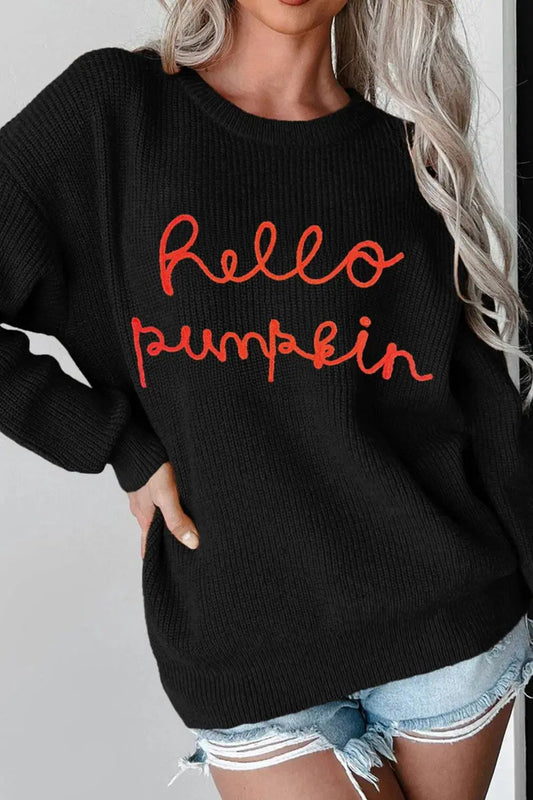 HELLO PUMPKIN Round Neck Long Sleeve Sweater - FloofChonk