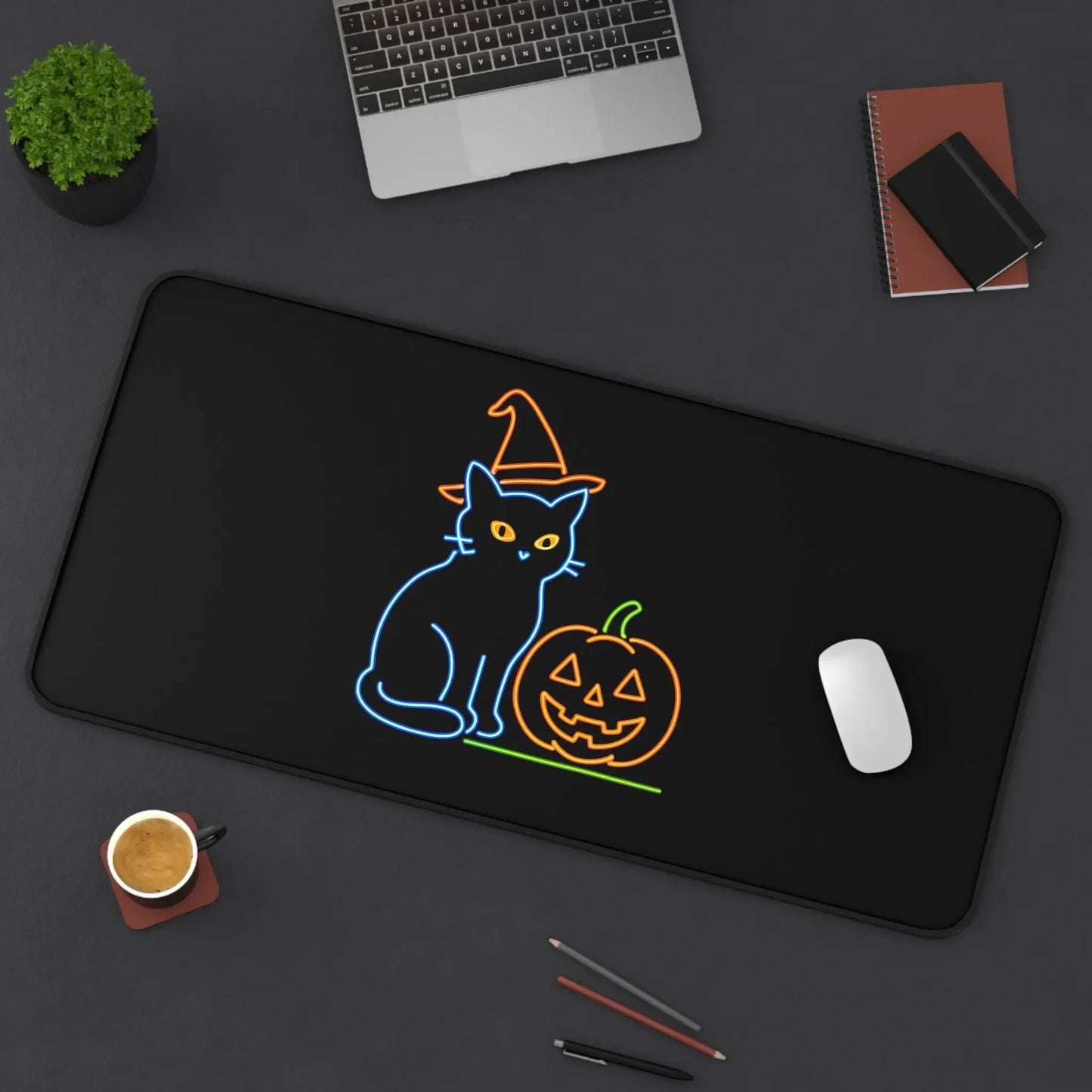 Cat Desk Mat, Cute Halloween Cat Decor, Office Desk Accessories, Fall Home Decor, Halloween Gifts for Cat Lovers, Cat Mouse Pad, Cat Office - FloofChonk