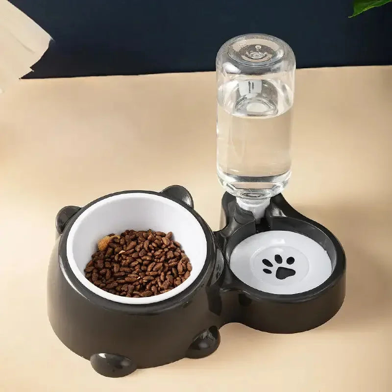 Tilted food and water bowl, with removable water dispenser - FloofChonk
