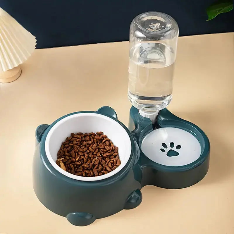 Tilted food and water bowl, with removable water dispenser - FloofChonk