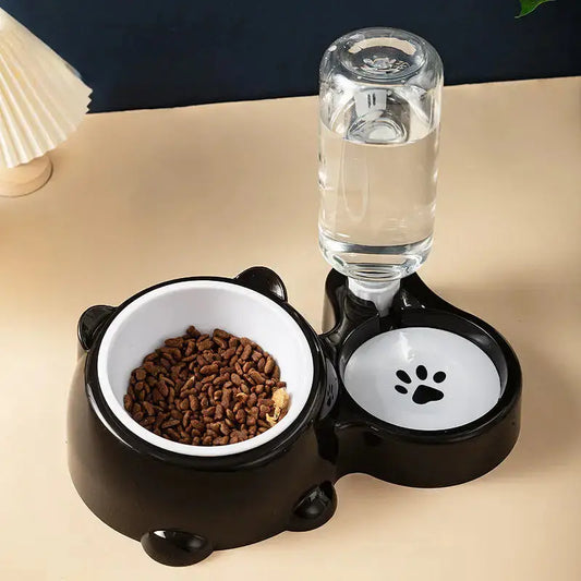 Tilted food and water bowl, with removable water dispenser - FloofChonk