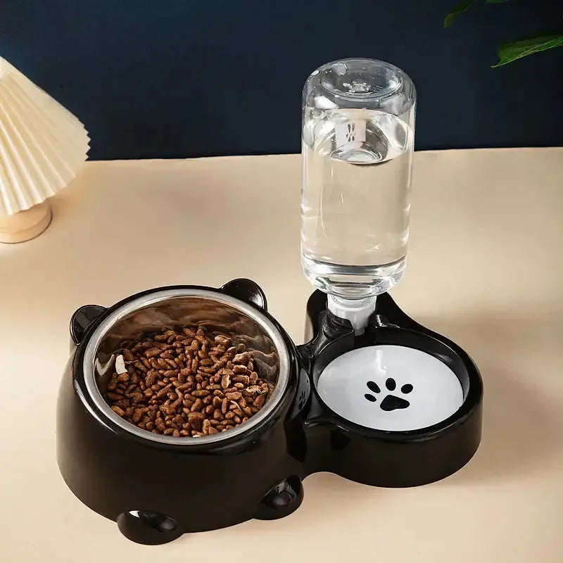 Tilted food and water bowl, with removable water dispenser - FloofChonk