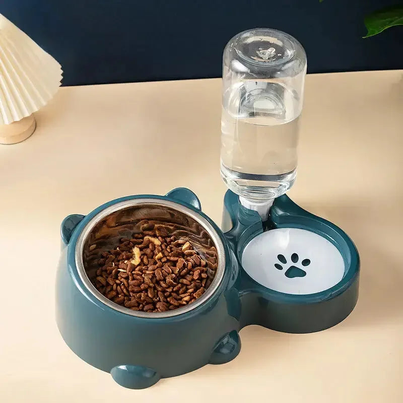 Tilted food and water bowl, with removable water dispenser - FloofChonk