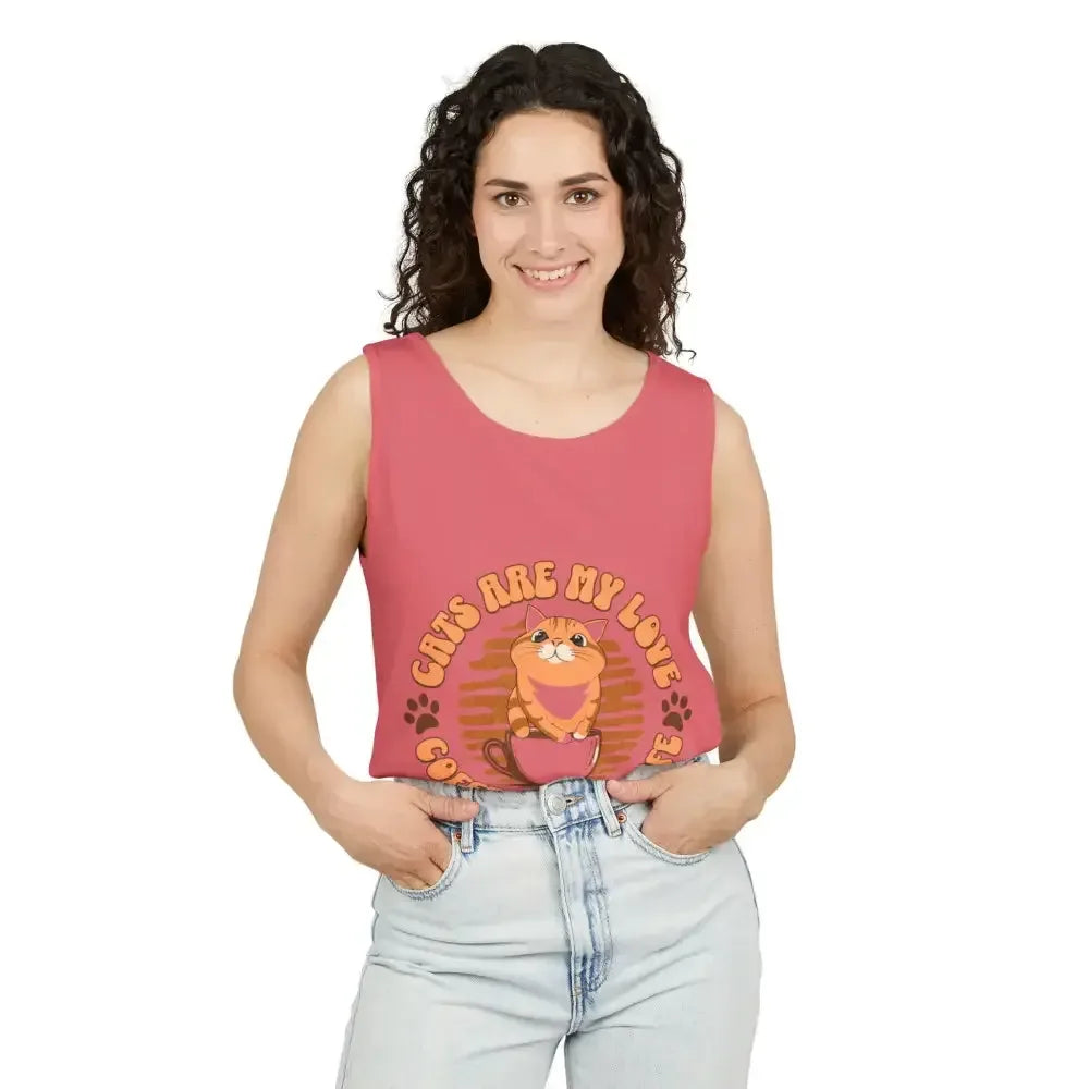 Cat Tank Top - Summer Vibes Unisex Garment-Dyed Tank Top - FloofChonk