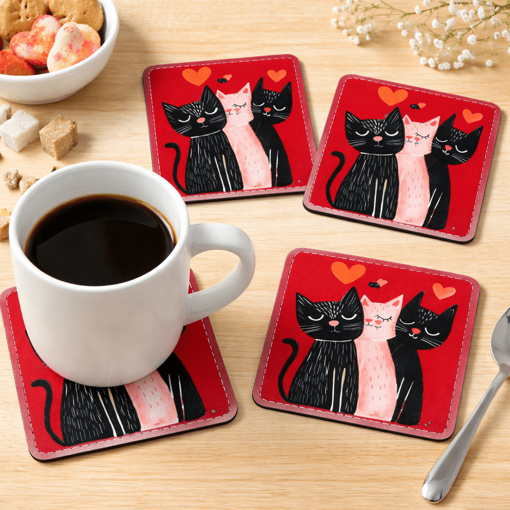 Cat Trio Coaster Set — Cute Heart Cats Cork - Back Drink Coasters (Set of 4) - FloofChonk