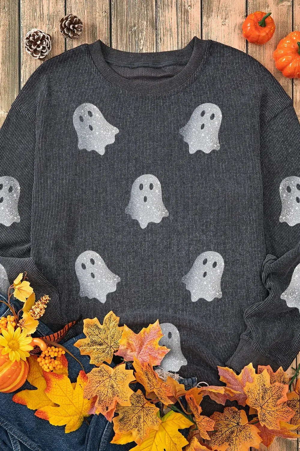 Glitter Ghost Round Neck Long Sleeve Sweatshirt - FloofChonk