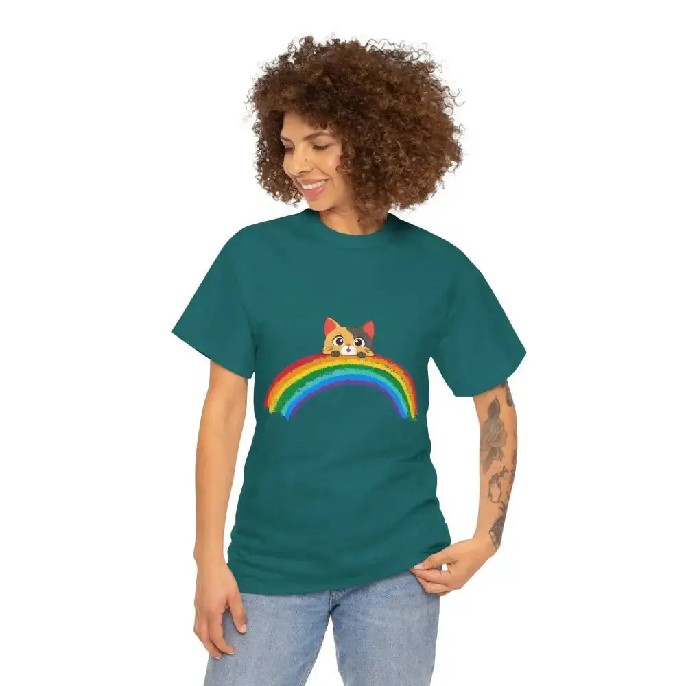 Cute Rainbow Cat Unisex Heavy Cotton Tee, Cat Lover Gift, Rainbow T-Shirt, Cute Animal Tee, Pet Owner Apparel, Fun Summer Shirt - FloofChonk