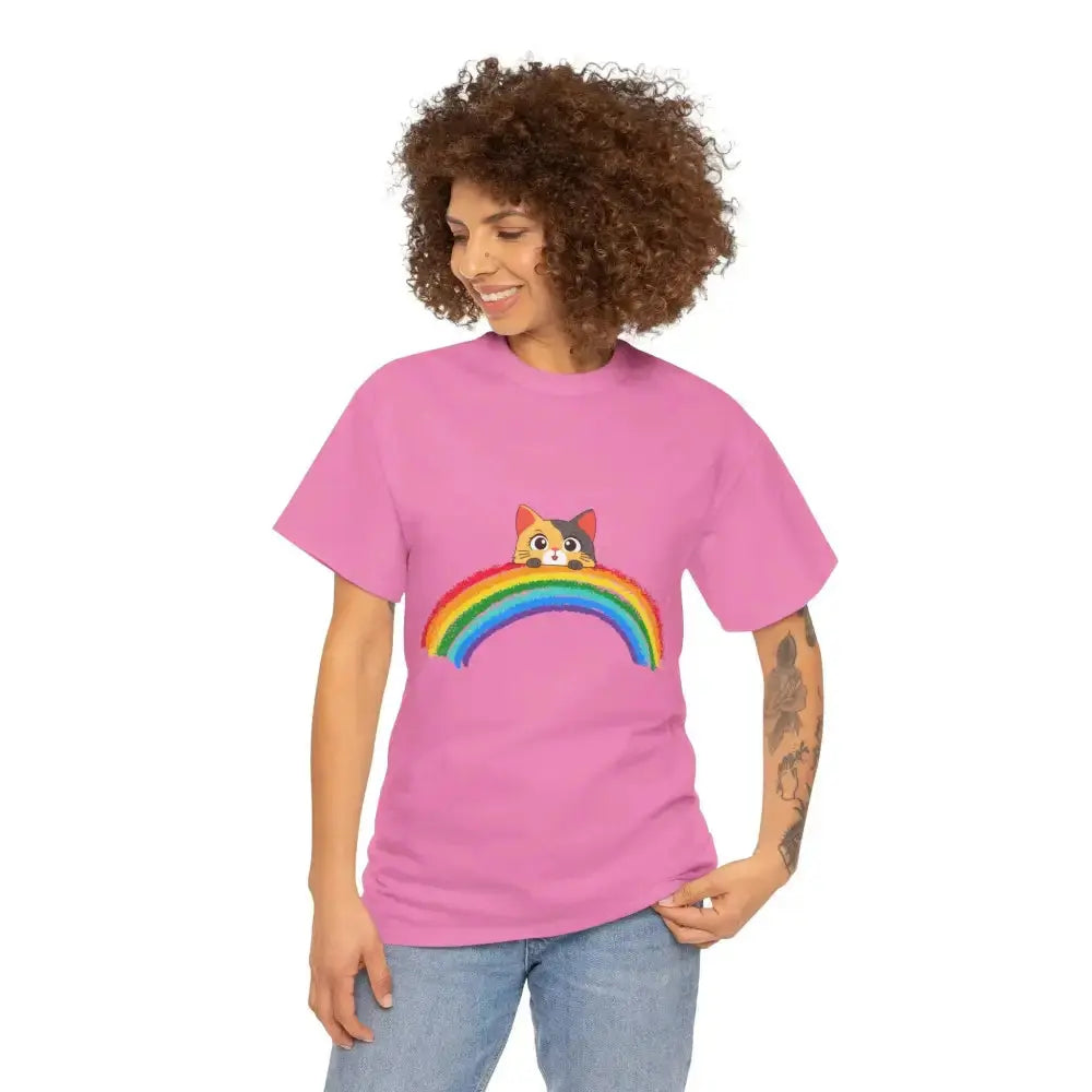 Cute Rainbow Cat Unisex Heavy Cotton Tee, Cat Lover Gift, Rainbow T-Shirt, Cute Animal Tee, Pet Owner Apparel, Fun Summer Shirt - FloofChonk