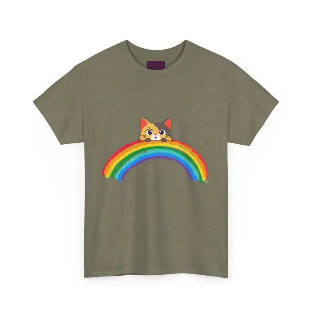 Cute Rainbow Cat Unisex Heavy Cotton Tee, Cat Lover Gift, Rainbow T-Shirt, Cute Animal Tee, Pet Owner Apparel, Fun Summer Shirt - FloofChonk