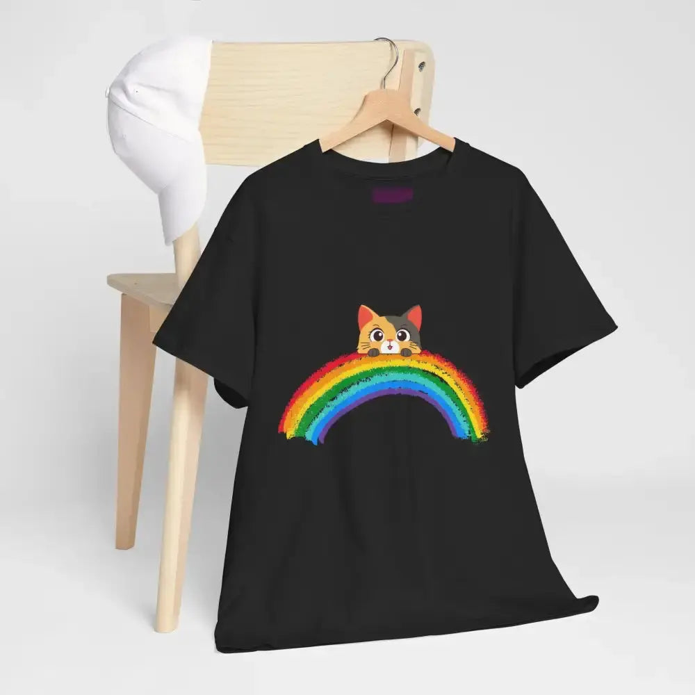 Cute Rainbow Cat Unisex Heavy Cotton Tee, Cat Lover Gift, Rainbow T-Shirt, Cute Animal Tee, Pet Owner Apparel, Fun Summer Shirt - FloofChonk