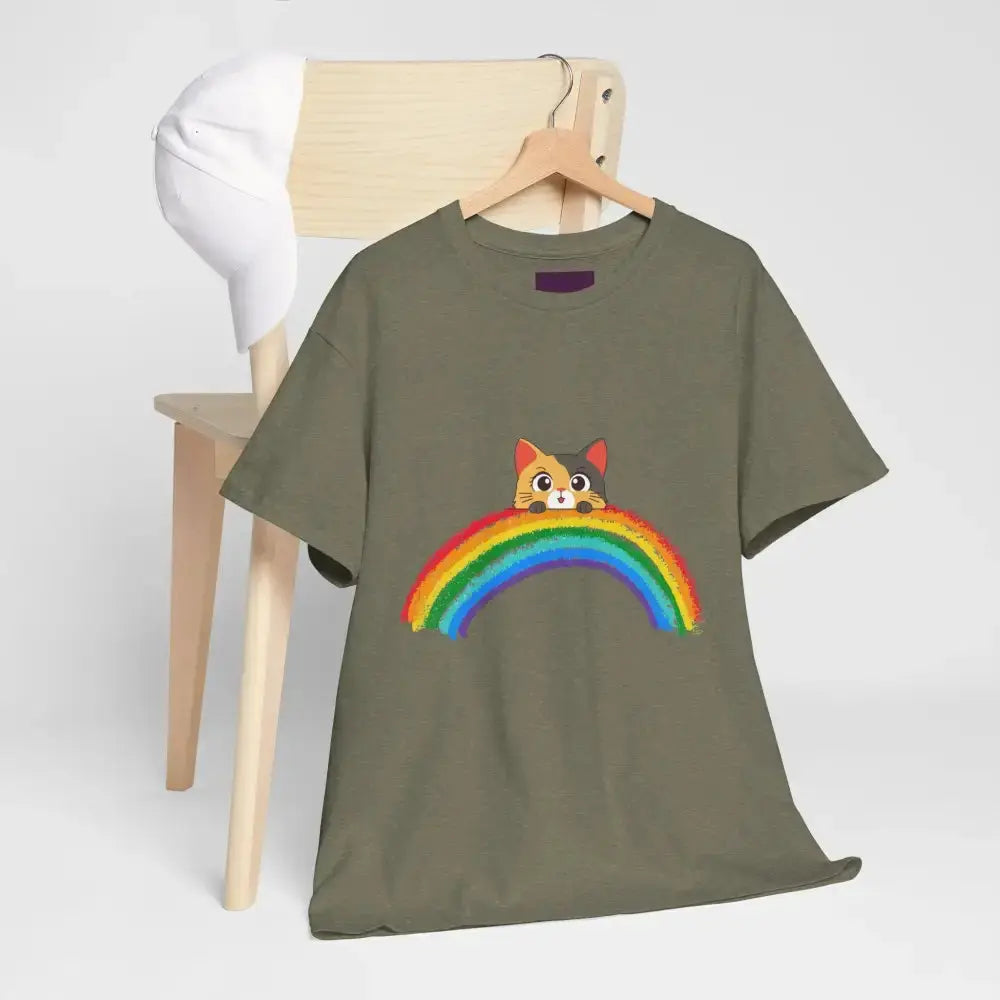 Cute Rainbow Cat Unisex Heavy Cotton Tee, Cat Lover Gift, Rainbow T-Shirt, Cute Animal Tee, Pet Owner Apparel, Fun Summer Shirt - FloofChonk