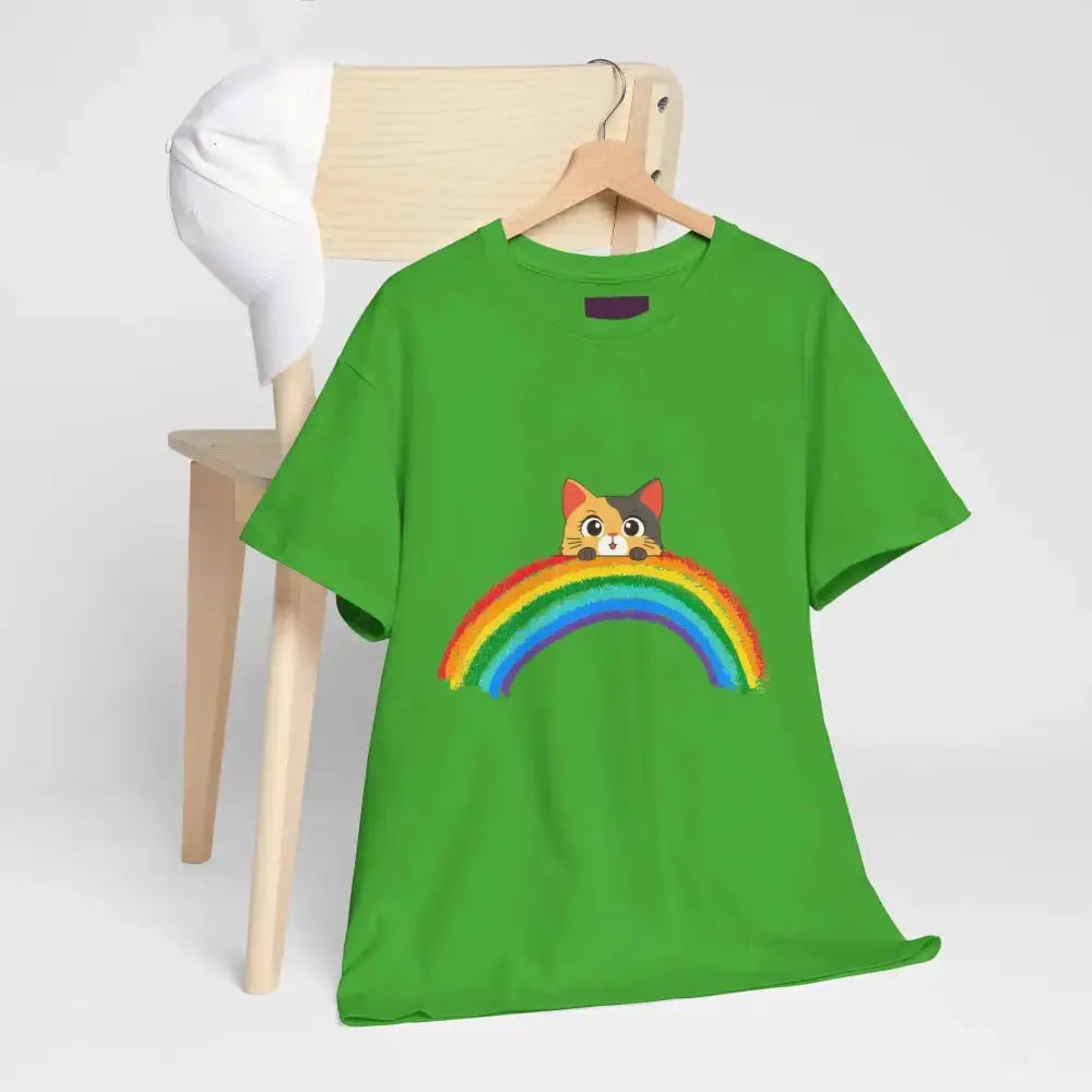 Cute Rainbow Cat Unisex Heavy Cotton Tee, Cat Lover Gift, Rainbow T-Shirt, Cute Animal Tee, Pet Owner Apparel, Fun Summer Shirt - FloofChonk