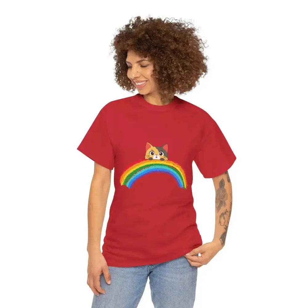 Cute Rainbow Cat Unisex Heavy Cotton Tee, Cat Lover Gift, Rainbow T-Shirt, Cute Animal Tee, Pet Owner Apparel, Fun Summer Shirt - FloofChonk