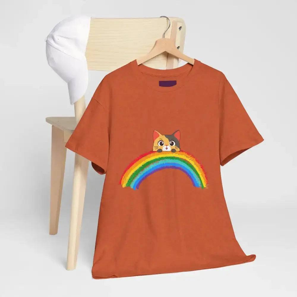 Cute Rainbow Cat Unisex Heavy Cotton Tee, Cat Lover Gift, Rainbow T-Shirt, Cute Animal Tee, Pet Owner Apparel, Fun Summer Shirt - FloofChonk