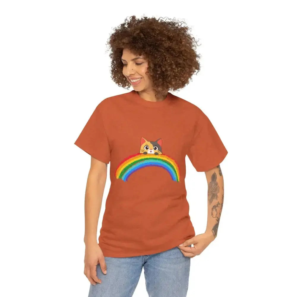 Cute Rainbow Cat Unisex Heavy Cotton Tee, Cat Lover Gift, Rainbow T-Shirt, Cute Animal Tee, Pet Owner Apparel, Fun Summer Shirt - FloofChonk