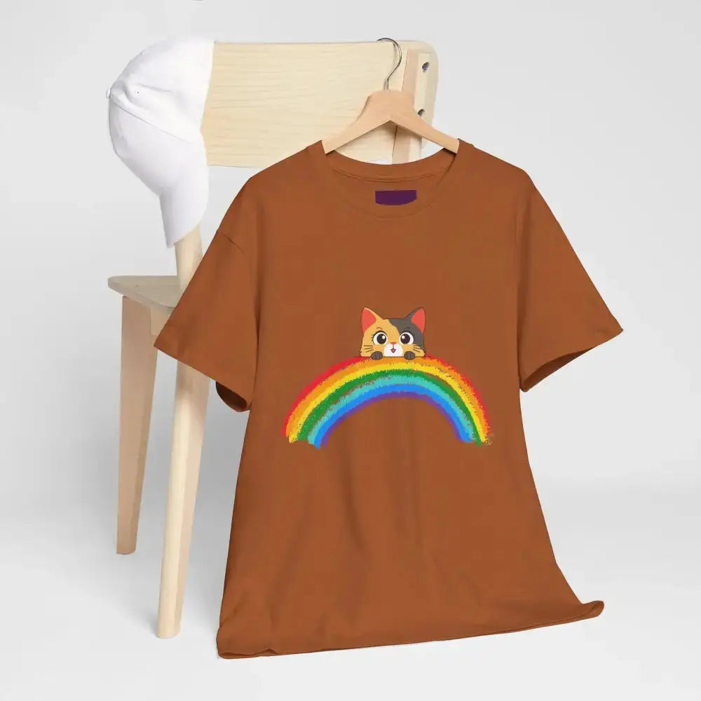 Cute Rainbow Cat Unisex Heavy Cotton Tee, Cat Lover Gift, Rainbow T-Shirt, Cute Animal Tee, Pet Owner Apparel, Fun Summer Shirt - FloofChonk