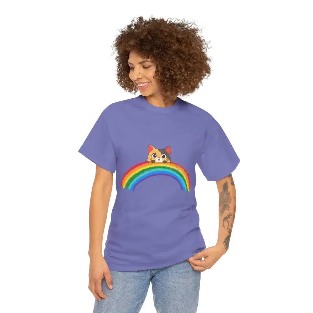 Cute Rainbow Cat Unisex Heavy Cotton Tee, Cat Lover Gift, Rainbow T-Shirt, Cute Animal Tee, Pet Owner Apparel, Fun Summer Shirt - FloofChonk