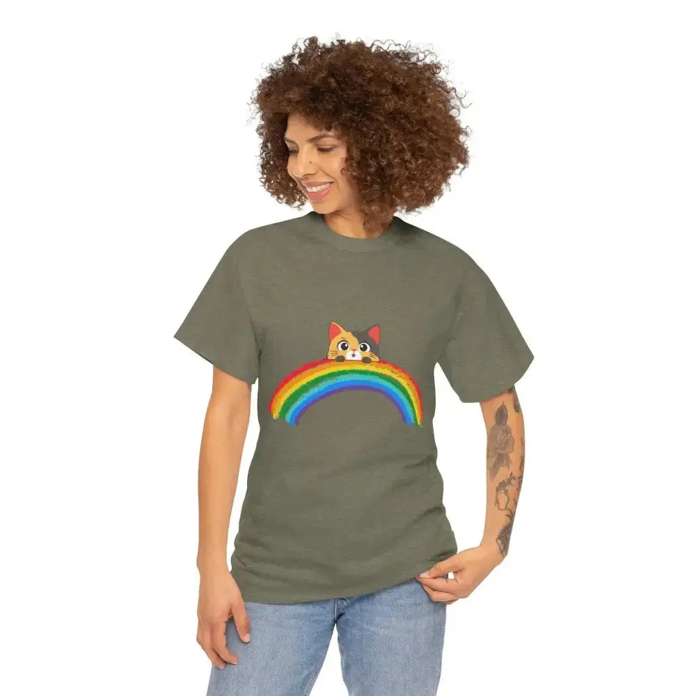 Cute Rainbow Cat Unisex Heavy Cotton Tee, Cat Lover Gift, Rainbow T-Shirt, Cute Animal Tee, Pet Owner Apparel, Fun Summer Shirt - FloofChonk