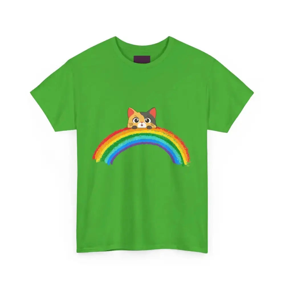 Cute Rainbow Cat Unisex Heavy Cotton Tee, Cat Lover Gift, Rainbow T-Shirt, Cute Animal Tee, Pet Owner Apparel, Fun Summer Shirt - FloofChonk