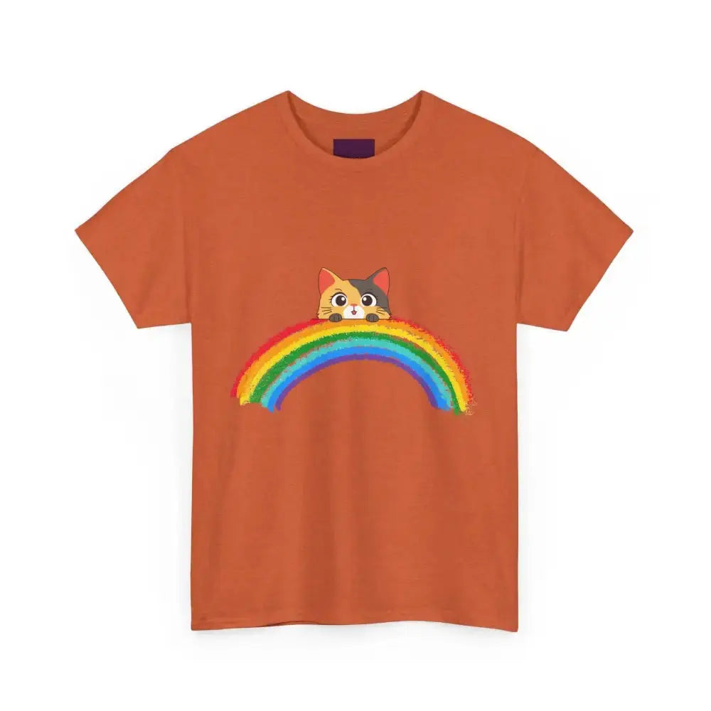 Cute Rainbow Cat Unisex Heavy Cotton Tee, Cat Lover Gift, Rainbow T-Shirt, Cute Animal Tee, Pet Owner Apparel, Fun Summer Shirt - FloofChonk