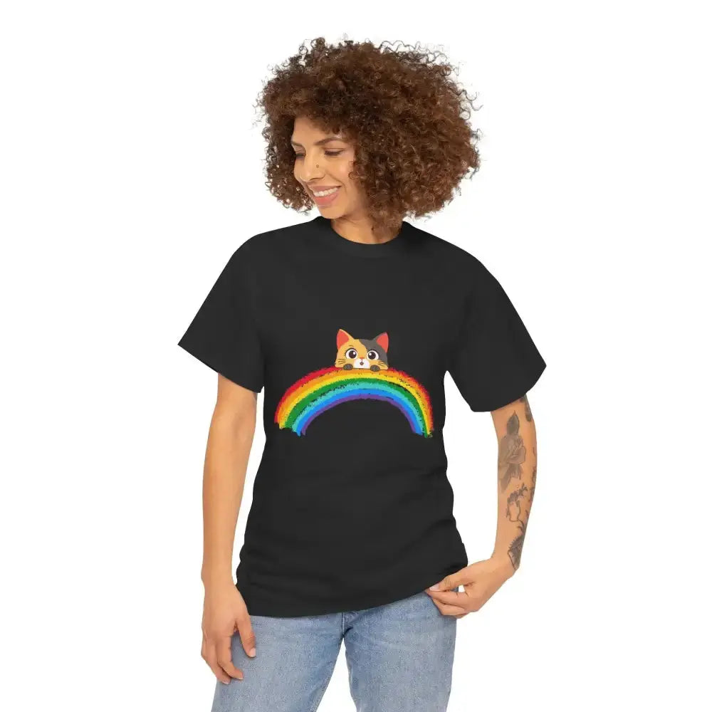 Cute Rainbow Cat Unisex Heavy Cotton Tee, Cat Lover Gift, Rainbow T-Shirt, Cute Animal Tee, Pet Owner Apparel, Fun Summer Shirt - FloofChonk