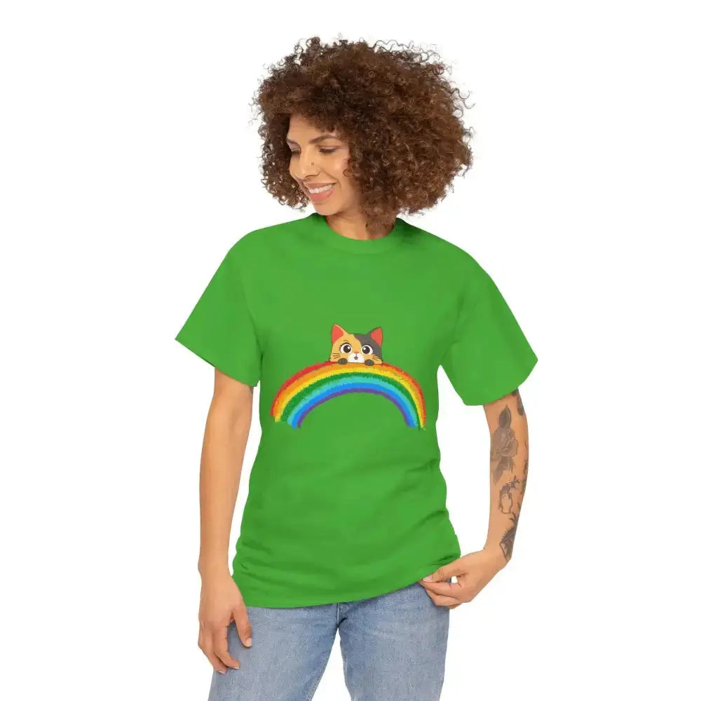 Cute Rainbow Cat Unisex Heavy Cotton Tee, Cat Lover Gift, Rainbow T-Shirt, Cute Animal Tee, Pet Owner Apparel, Fun Summer Shirt - FloofChonk