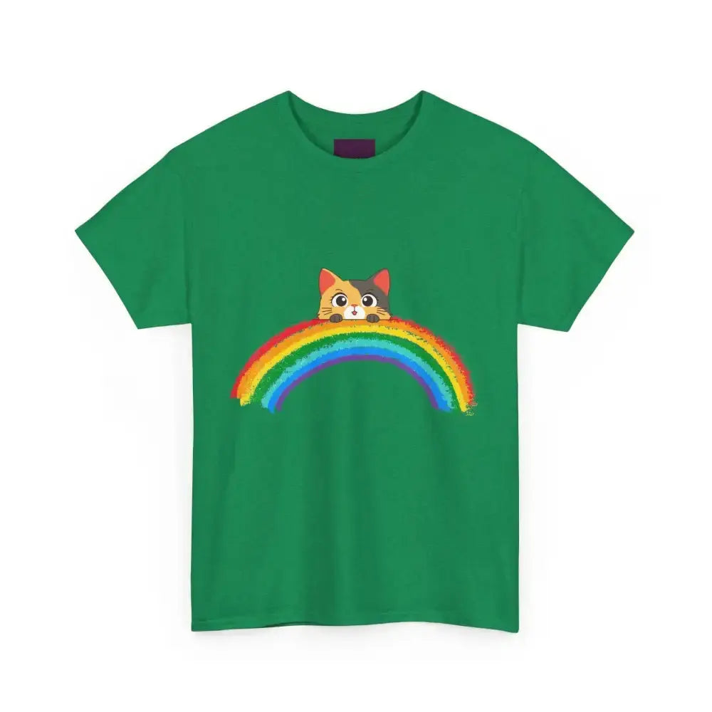 Cute Rainbow Cat Unisex Heavy Cotton Tee, Cat Lover Gift, Rainbow T-Shirt, Cute Animal Tee, Pet Owner Apparel, Fun Summer Shirt - FloofChonk