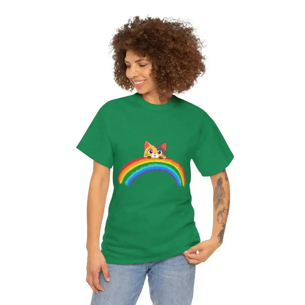 Cute Rainbow Cat Unisex Heavy Cotton Tee, Cat Lover Gift, Rainbow T-Shirt, Cute Animal Tee, Pet Owner Apparel, Fun Summer Shirt - FloofChonk
