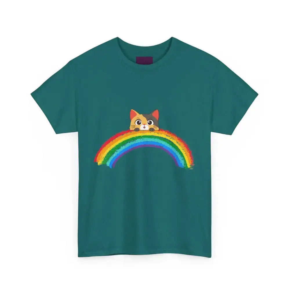 Cute Rainbow Cat Unisex Heavy Cotton Tee, Cat Lover Gift, Rainbow T-Shirt, Cute Animal Tee, Pet Owner Apparel, Fun Summer Shirt - FloofChonk