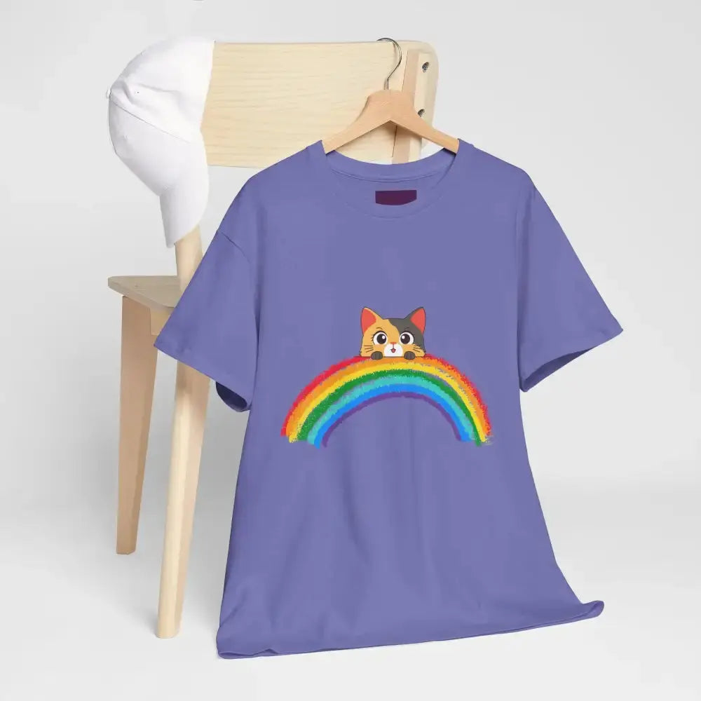 Cute Rainbow Cat Unisex Heavy Cotton Tee, Cat Lover Gift, Rainbow T-Shirt, Cute Animal Tee, Pet Owner Apparel, Fun Summer Shirt - FloofChonk