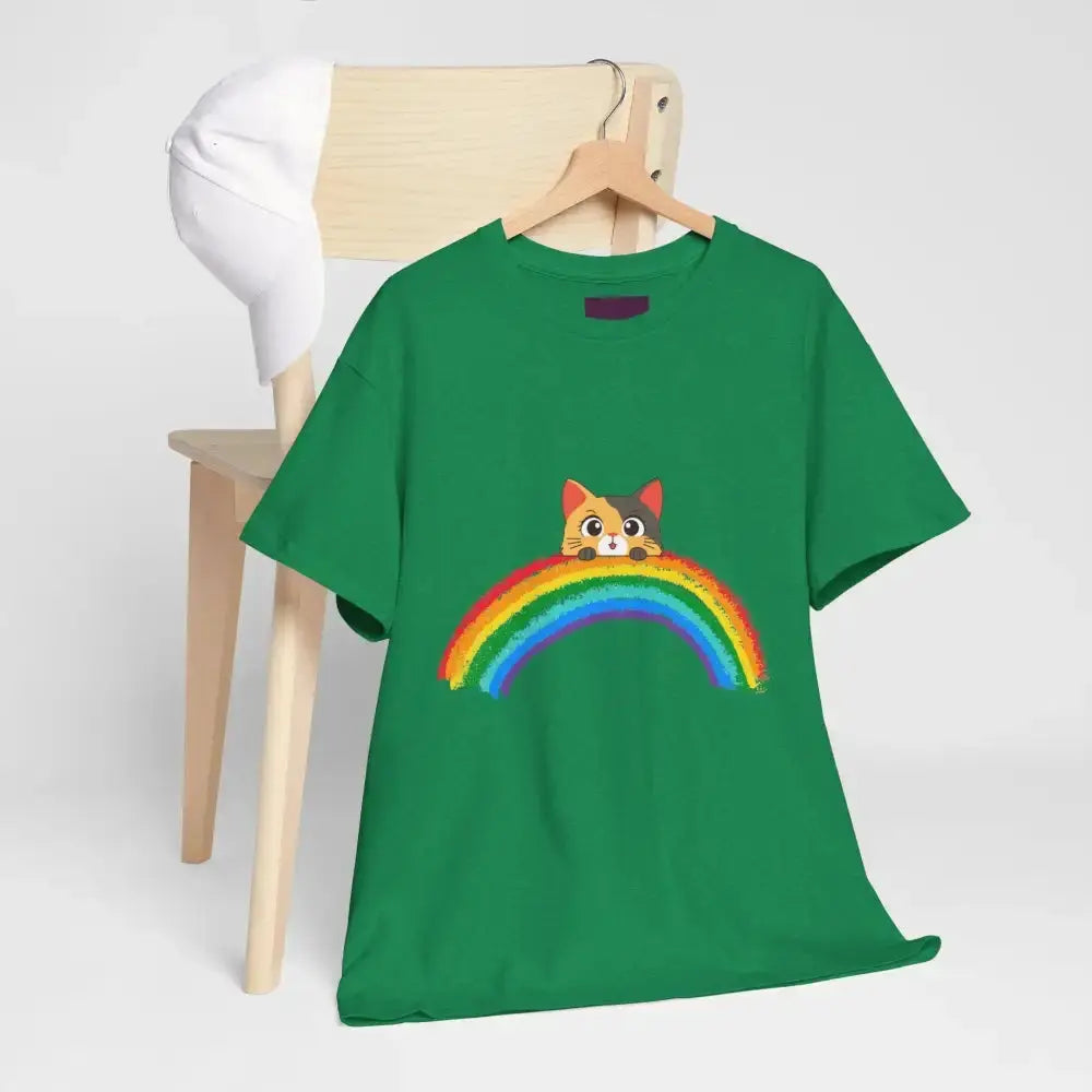 Cute Rainbow Cat Unisex Heavy Cotton Tee, Cat Lover Gift, Rainbow T-Shirt, Cute Animal Tee, Pet Owner Apparel, Fun Summer Shirt - FloofChonk